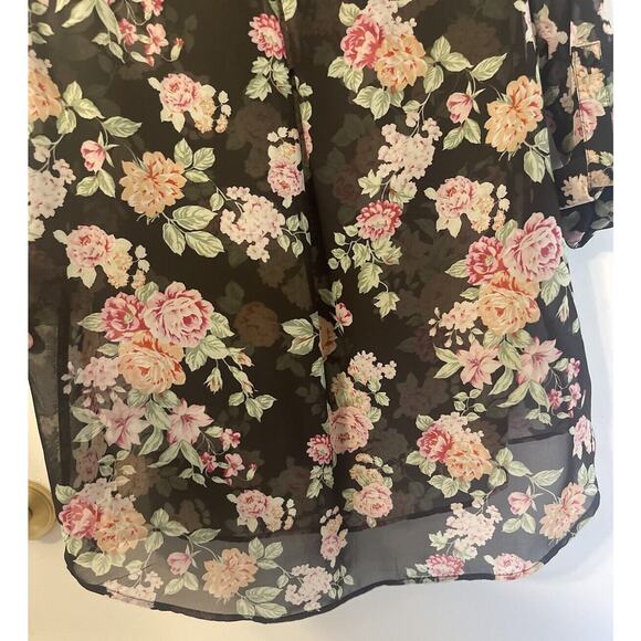 No Boundaries Large Blouse Chiffon Black Floral Sheer Round Hem Roll Tab V Neck - Picture 4 of 6